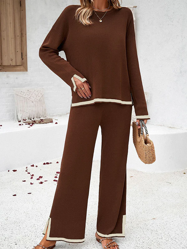 Long Sleeves Contrast Color Split-Joint Split-Side Round-Neck High-Low Sweater Tops +  Pants Bottom Two Pieces Set - Image 10