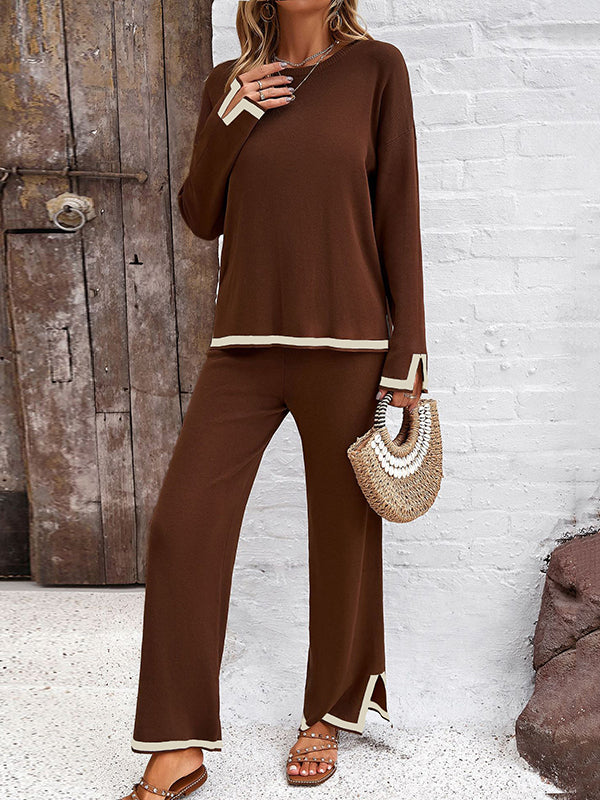 Long Sleeves Contrast Color Split-Joint Split-Side Round-Neck High-Low Sweater Tops +  Pants Bottom Two Pieces Set - Image 11