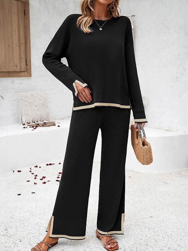 Long Sleeves Contrast Color Split-Joint Split-Side Round-Neck High-Low Sweater Tops +  Pants Bottom Two Pieces Set - Image 14
