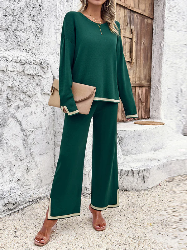 Long Sleeves Contrast Color Split-Joint Split-Side Round-Neck High-Low Sweater Tops +  Pants Bottom Two Pieces Set - Image 17