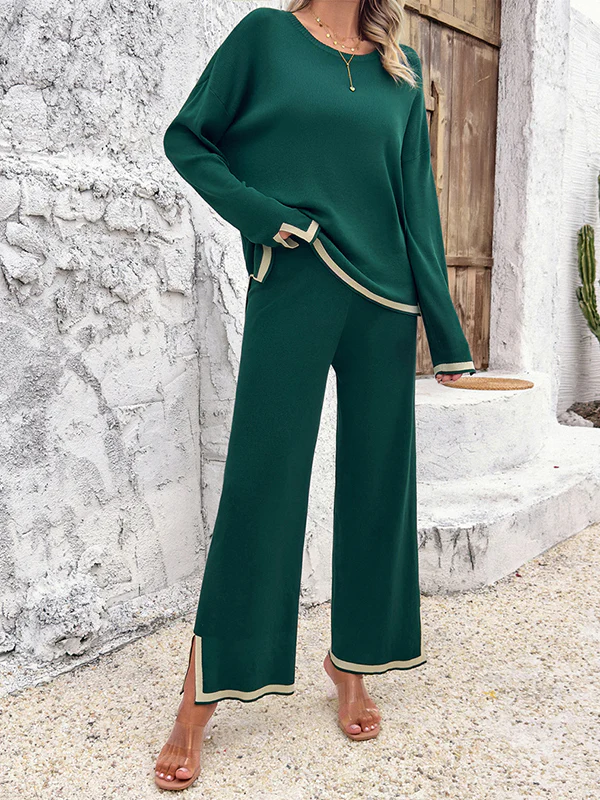 Long Sleeves Contrast Color Split-Joint Split-Side Round-Neck High-Low Sweater Tops +  Pants Bottom Two Pieces Set - Image 18