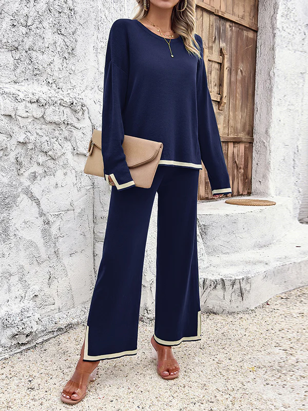 Long Sleeves Contrast Color Split-Joint Split-Side Round-Neck High-Low Sweater Tops +  Pants Bottom Two Pieces Set - Image 24