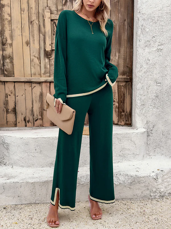 Long Sleeves Contrast Color Split-Joint Split-Side Round-Neck High-Low Sweater Tops +  Pants Bottom Two Pieces Set - Image 3