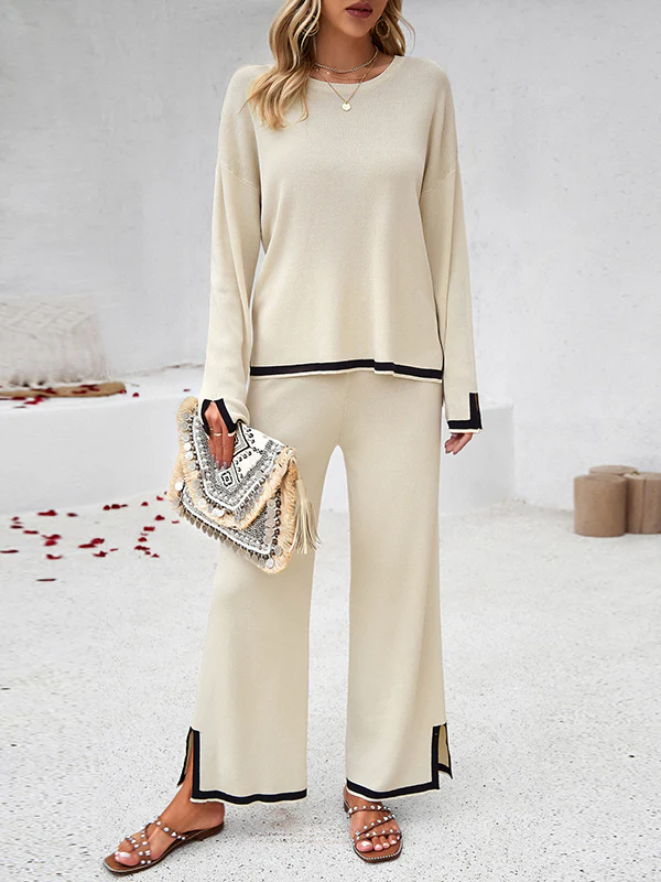 Long Sleeves Contrast Color Split-Joint Split-Side Round-Neck High-Low Sweater Tops +  Pants Bottom Two Pieces Set - Image 7