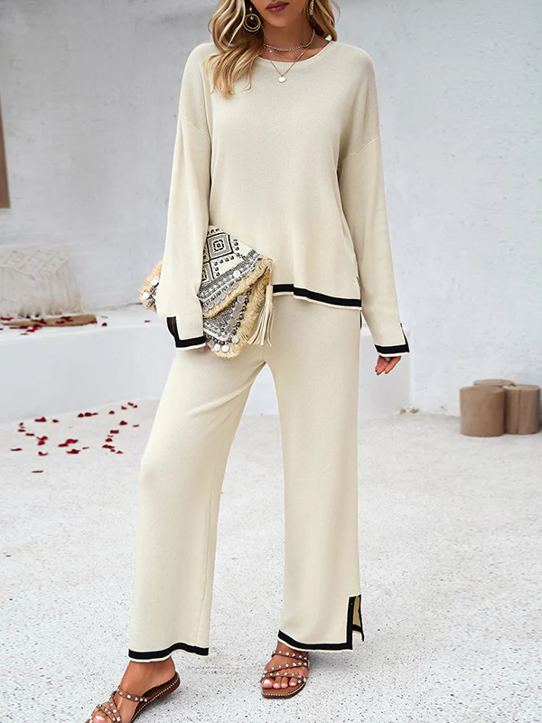 Long Sleeves Contrast Color Split-Joint Split-Side Round-Neck High-Low Sweater Tops +  Pants Bottom Two Pieces Set - Image 8