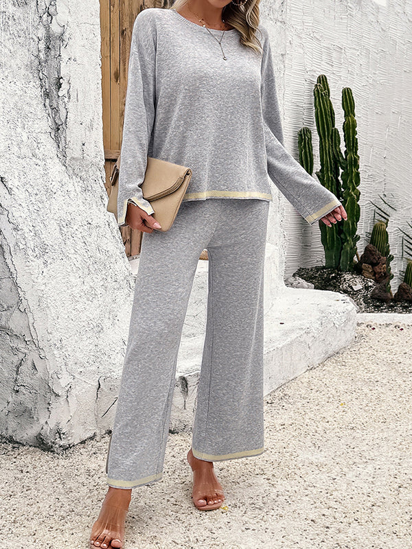 Long Sleeves Contrast Color Split-Joint Split-Side Round-Neck High-Low Sweater Tops +  Pants Bottom Two Pieces Set - Image 9