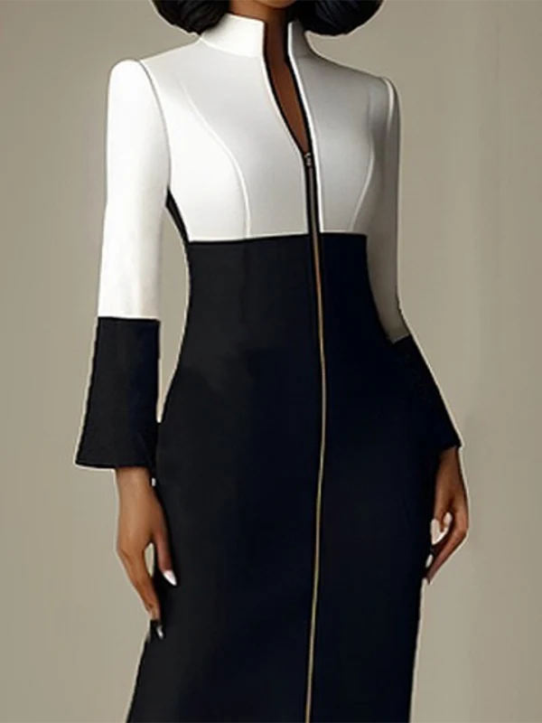 Long Sleeves Contrast Color Split-Joint Zipper Stand Collar Midi Dresses - Image 2