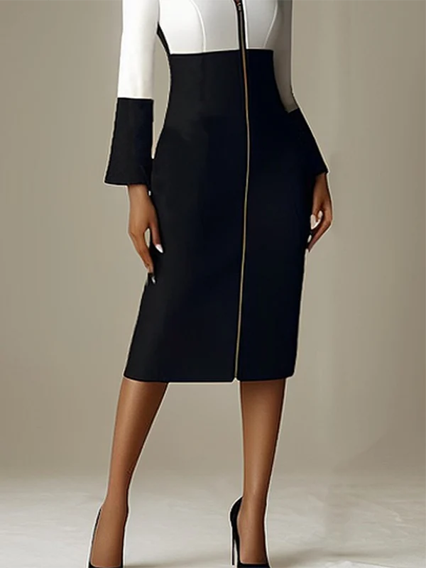 Long Sleeves Contrast Color Split-Joint Zipper Stand Collar Midi Dresses - Image 3