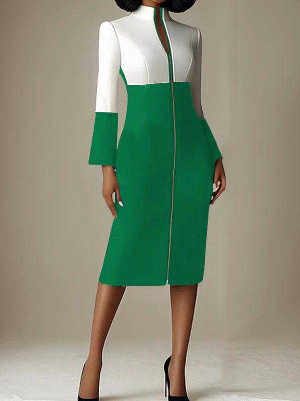 Long Sleeves Contrast Color Split-Joint Zipper Stand Collar Midi Dresses - Image 4