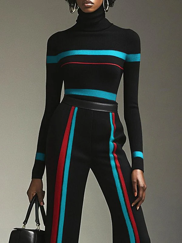 Long Sleeves Contrast Color Striped High Neck Pullovers Sweater Tops - Image 2