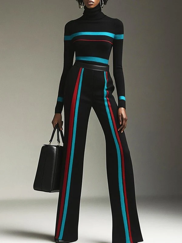 Long Sleeves Contrast Color Striped High Neck Pullovers Sweater Tops - Image 3