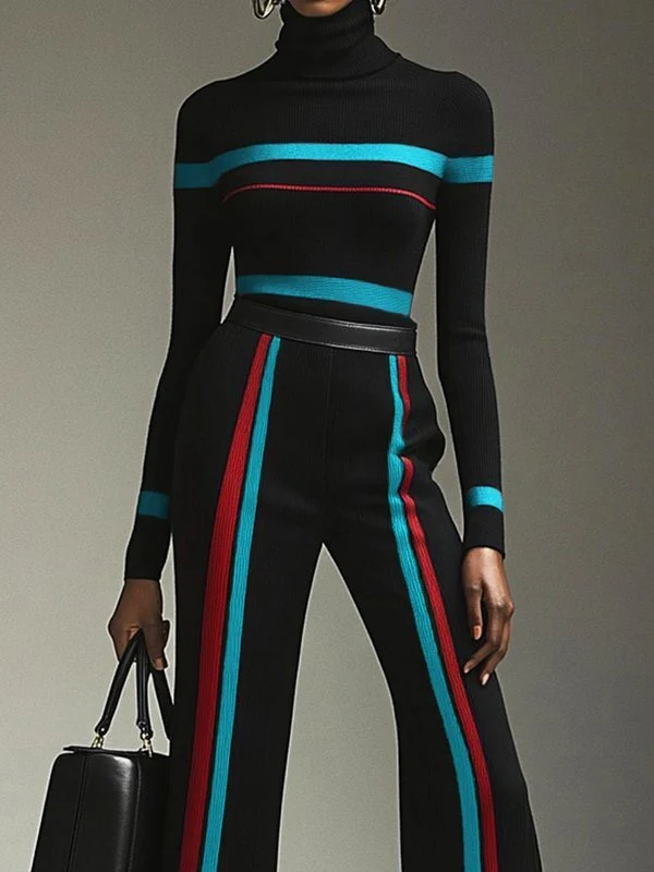 Long Sleeves Contrast Color Striped High Neck Pullovers Sweater Tops - Image 4