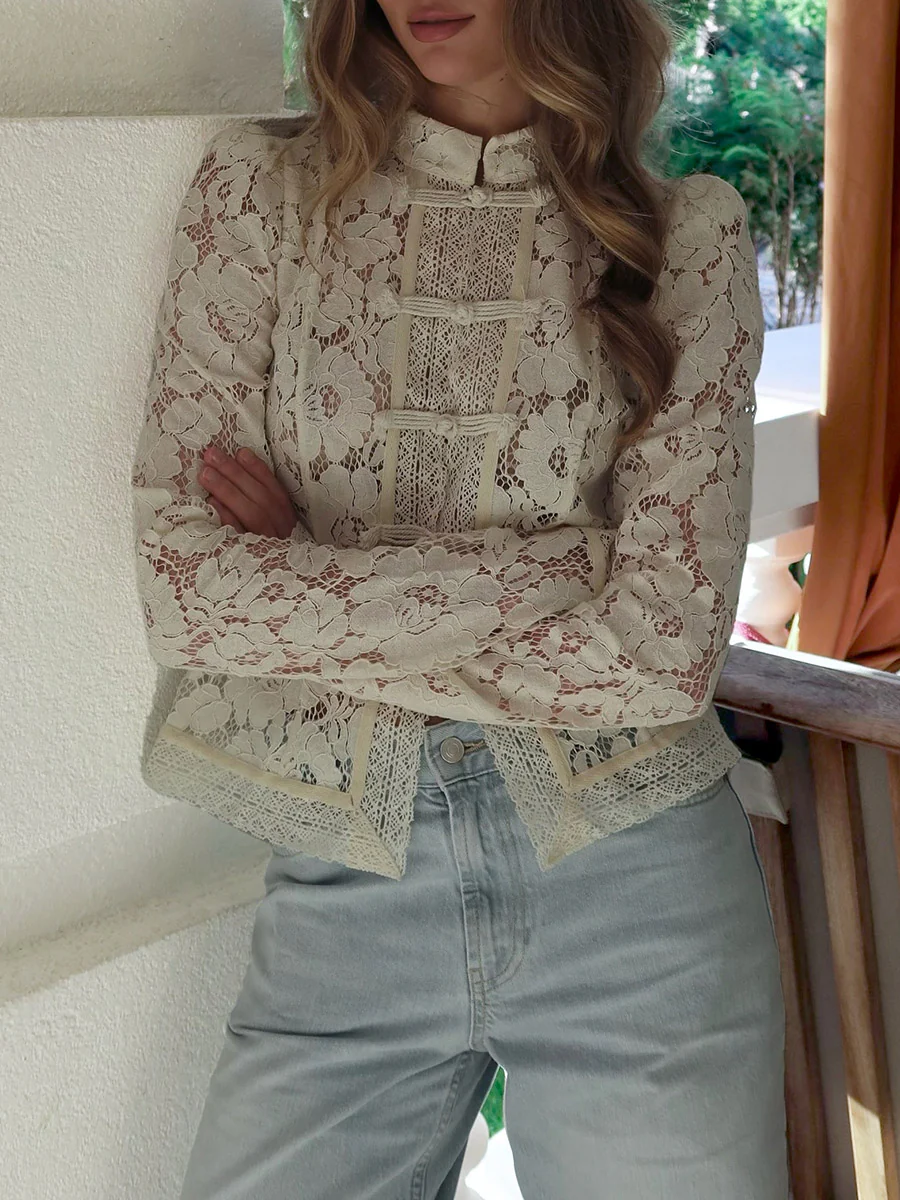 Long Sleeves Crochet Hollow Knot Solid Color Split-Joint Stand Collar Blouses&Shirts Tops - Image 10