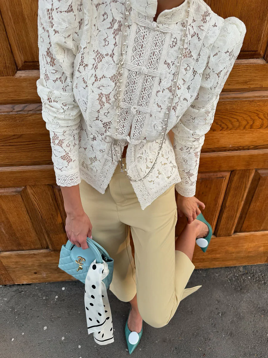 Long Sleeves Crochet Hollow Knot Solid Color Split-Joint Stand Collar Blouses&Shirts Tops - Image 11