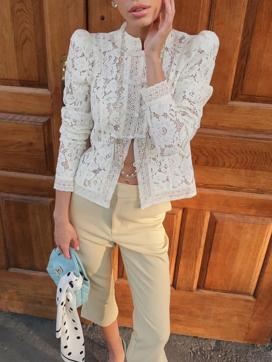 Long Sleeves Crochet Hollow Knot Solid Color Split-Joint Stand Collar Blouses&Shirts Tops - Image 12