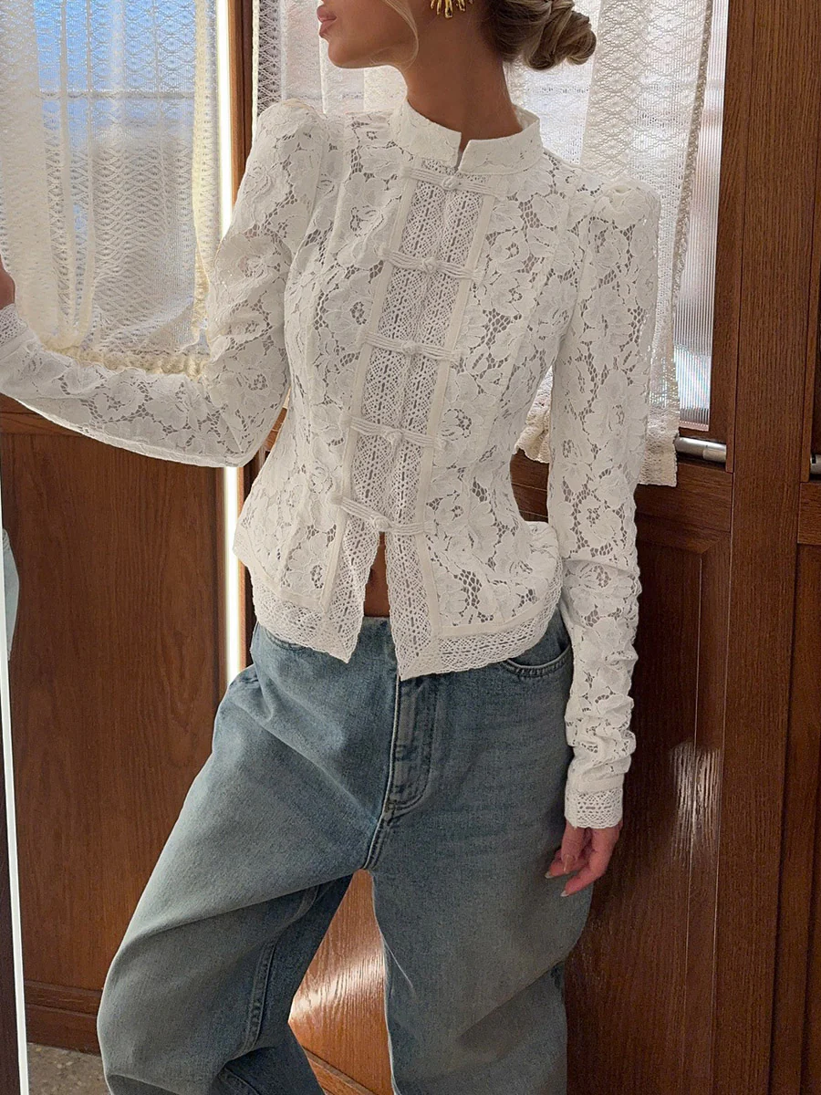 Long Sleeves Crochet Hollow Knot Solid Color Split-Joint Stand Collar Blouses&Shirts Tops - Image 13