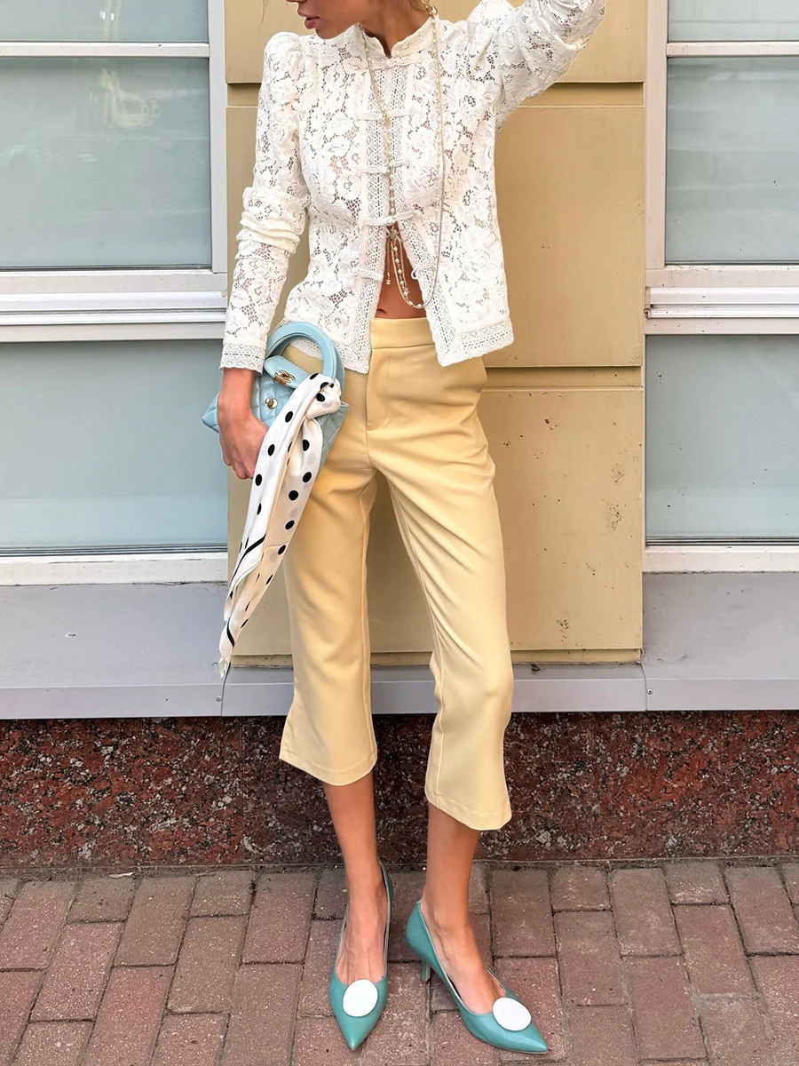 Long Sleeves Crochet Hollow Knot Solid Color Split-Joint Stand Collar Blouses&Shirts Tops - Image 15