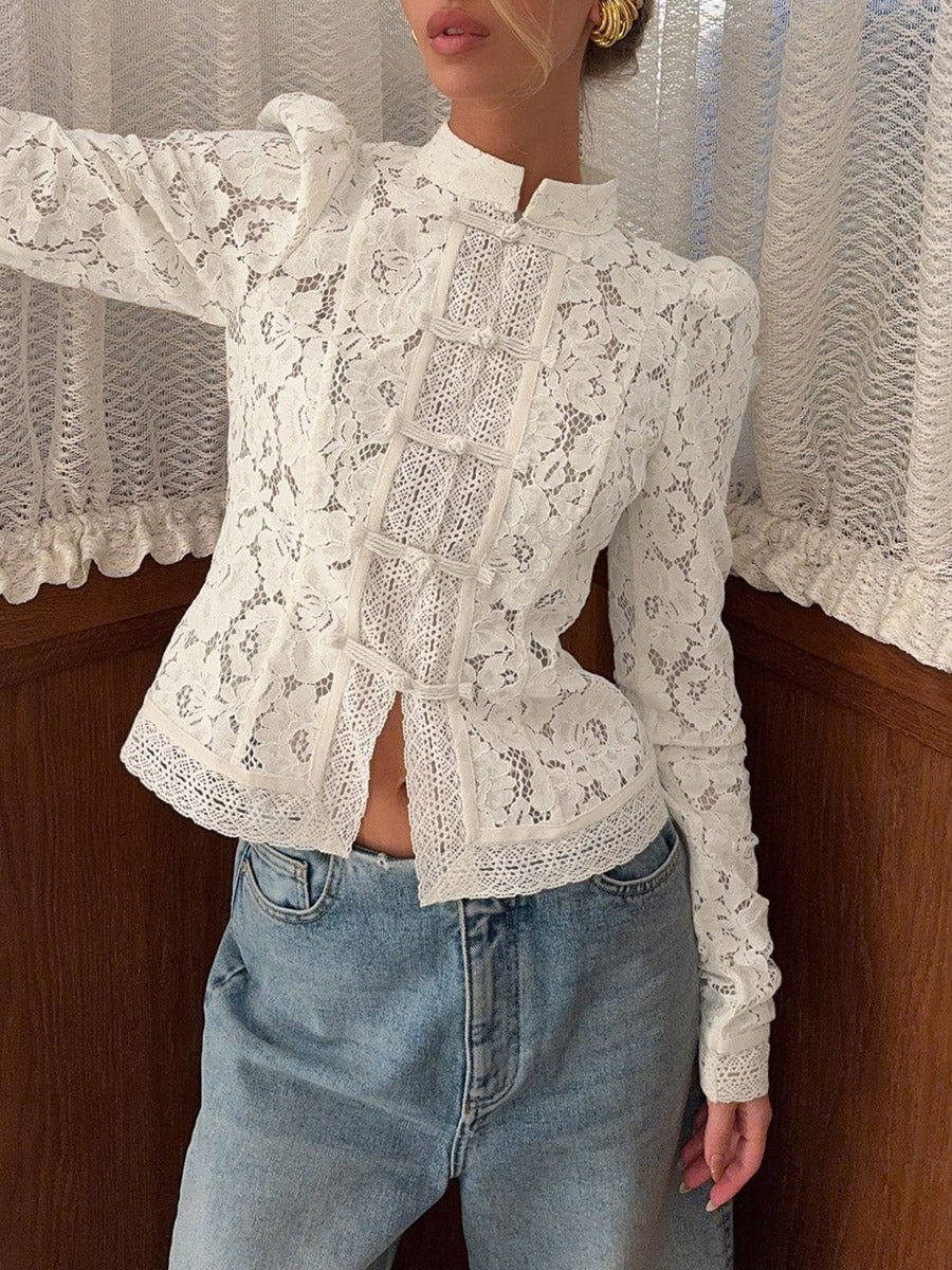 Long Sleeves Crochet Hollow Knot Solid Color Split-Joint Stand Collar Blouses&Shirts Tops - Image 2