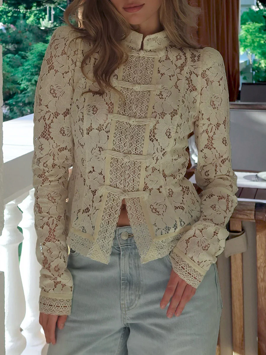 Long Sleeves Crochet Hollow Knot Solid Color Split-Joint Stand Collar Blouses&Shirts Tops - Image 9