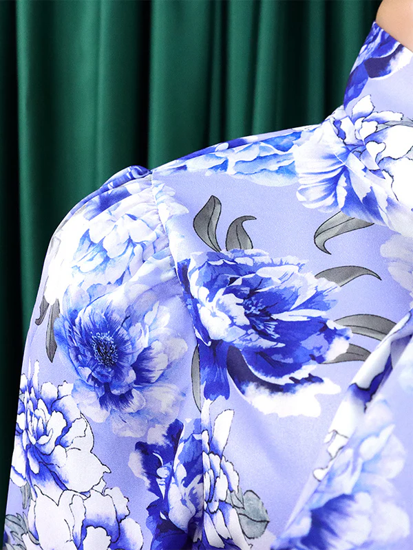 Long Sleeves Floral Printed Blouse + Split-Back Solid Color Skirt Two Pieces Set - Image 11