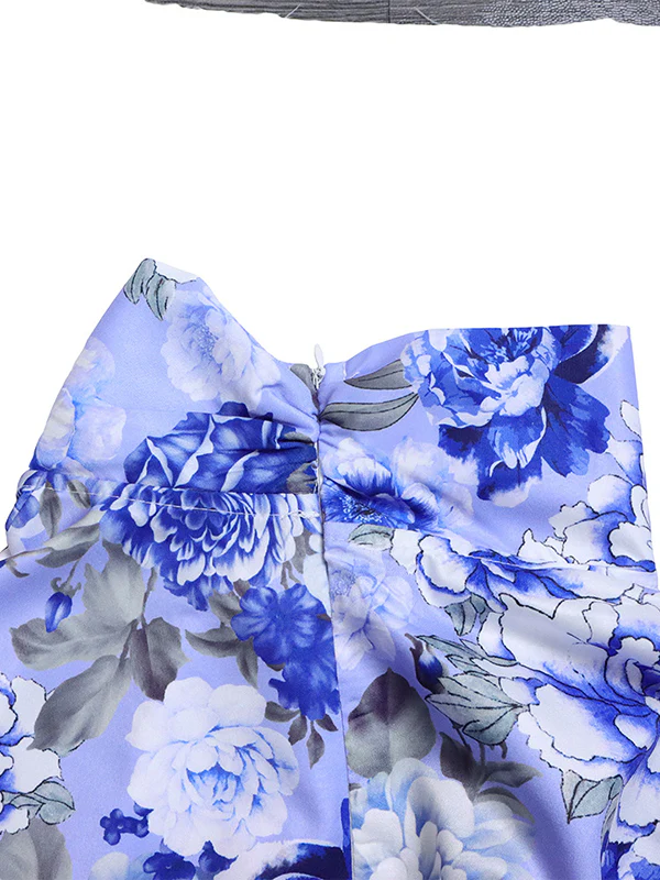 Long Sleeves Floral Printed Blouse + Split-Back Solid Color Skirt Two Pieces Set - Image 13