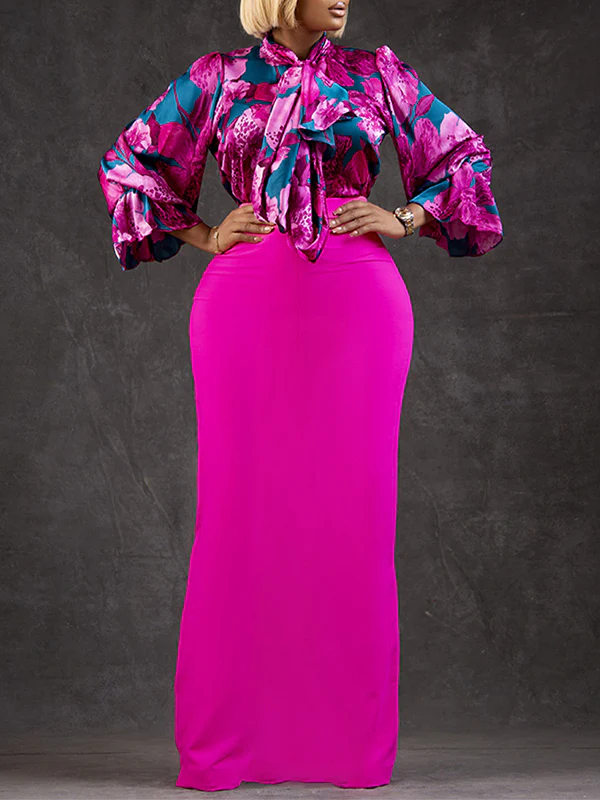 Long Sleeves Floral Printed Blouse + Split-Back Solid Color Skirt Two Pieces Set - Image 3