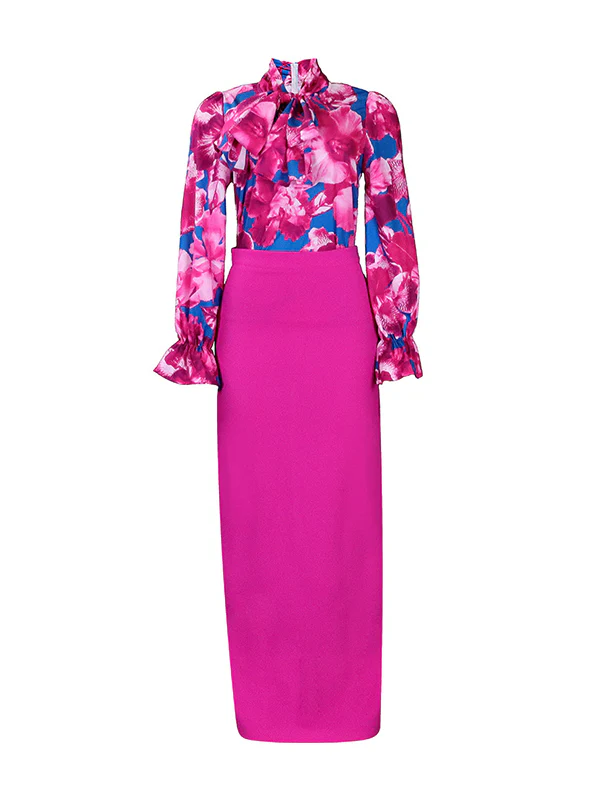 Long Sleeves Floral Printed Blouse + Split-Back Solid Color Skirt Two Pieces Set - Image 4