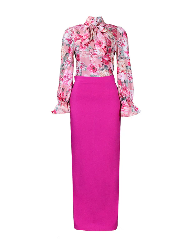 Long Sleeves Floral Printed Blouse + Split-Back Solid Color Skirt Two Pieces Set - Image 5