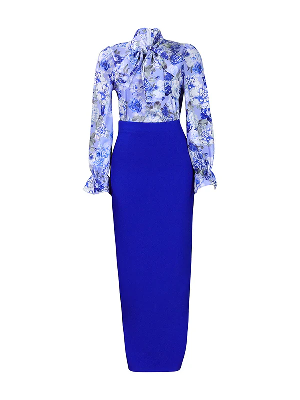 Long Sleeves Floral Printed Blouse + Split-Back Solid Color Skirt Two Pieces Set - Image 6