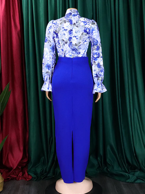 Long Sleeves Floral Printed Blouse + Split-Back Solid Color Skirt Two Pieces Set - Image 8