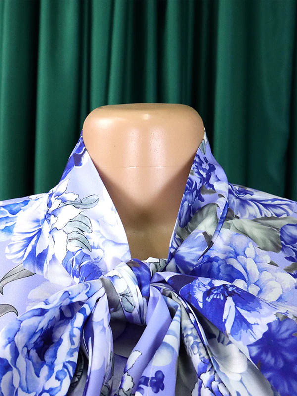 Long Sleeves Floral Printed Blouse + Split-Back Solid Color Skirt Two Pieces Set - Image 9