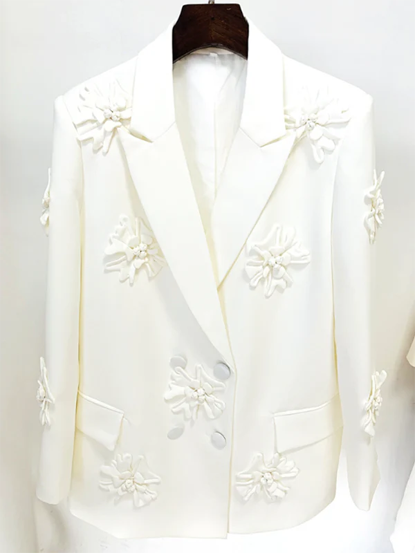 Long Sleeves Flower-Embellished Solid Color Lapel Blazer Outerwear - Image 18