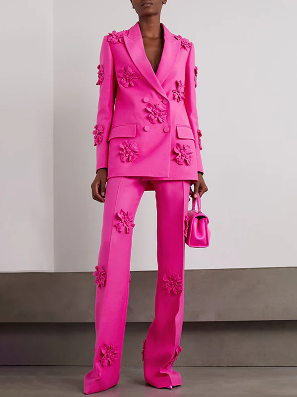 Long Sleeves Flower-Embellished Solid Color Lapel Blazer Outerwear - Image 2
