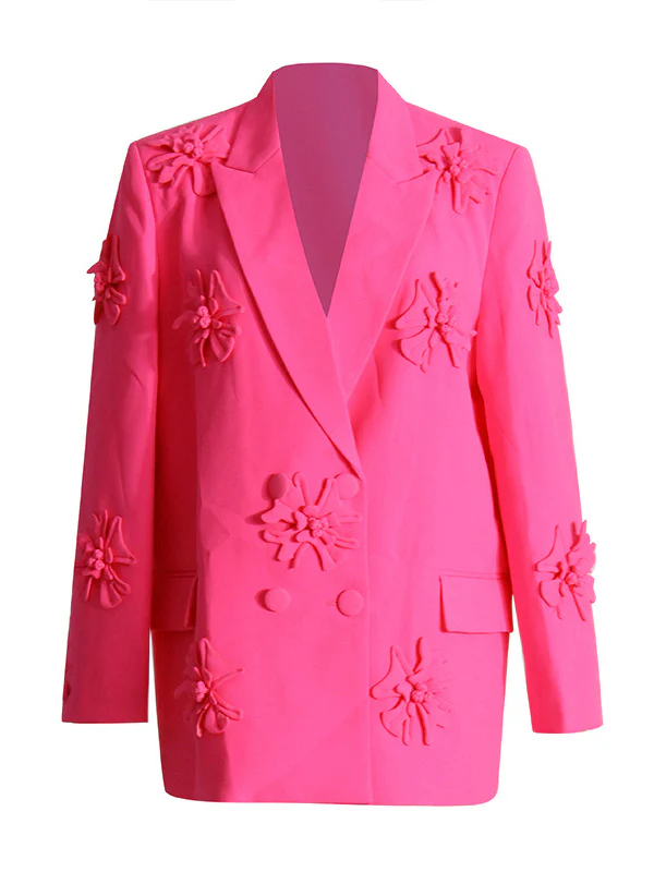 Long Sleeves Flower-Embellished Solid Color Lapel Blazer Outerwear - Image 3