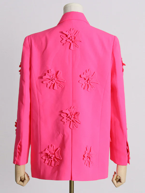 Long Sleeves Flower-Embellished Solid Color Lapel Blazer Outerwear - Image 4