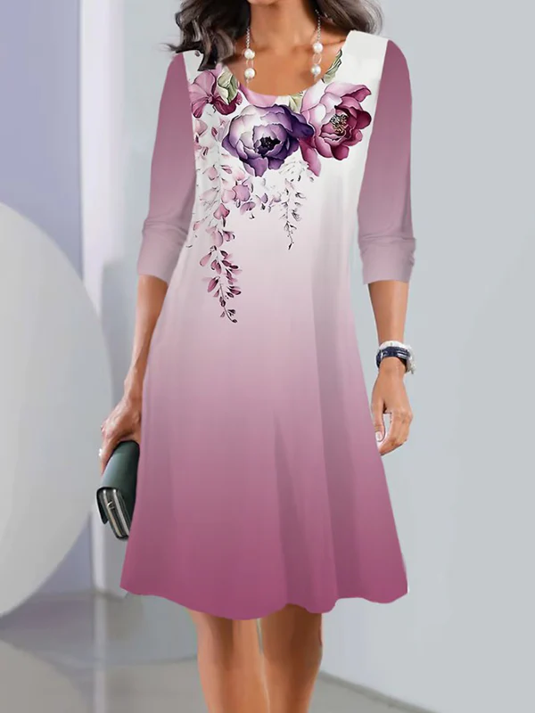 Long Sleeves Flower Print Multi-Colored Printed Round-Neck Midi Dresses - Image 3