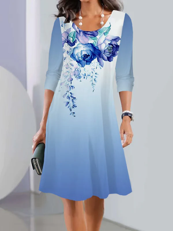 Long Sleeves Flower Print Multi-Colored Printed Round-Neck Midi Dresses - Image 6