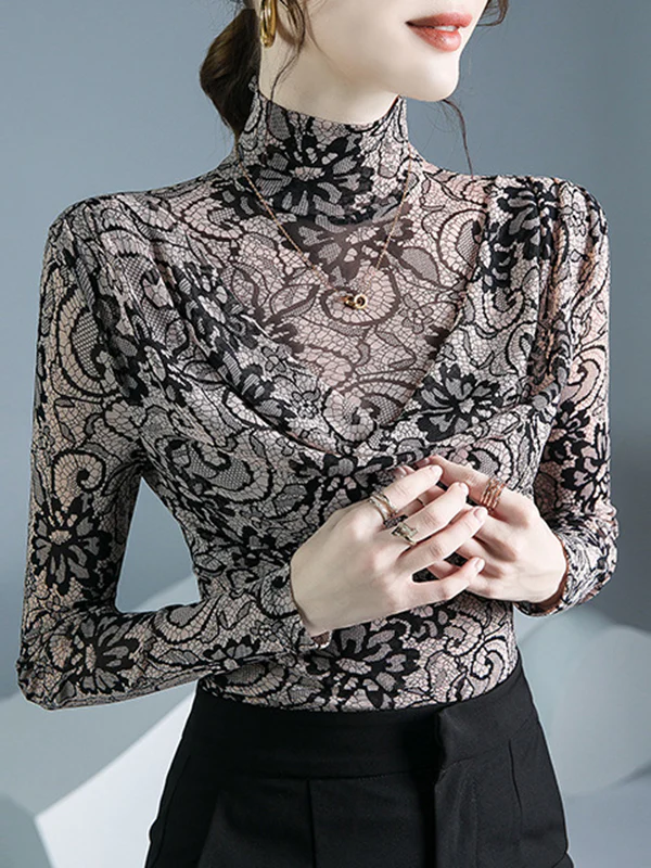 Long Sleeves Flower Print Pleated Mock Neck T-Shirts Tops - Image 2