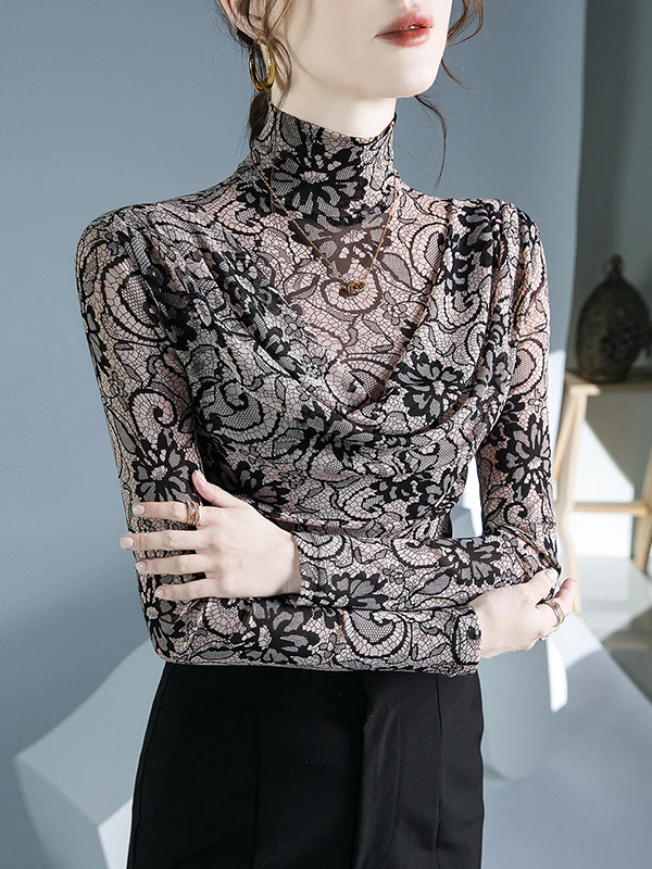 Long Sleeves Flower Print Pleated Mock Neck T-Shirts Tops - Image 3