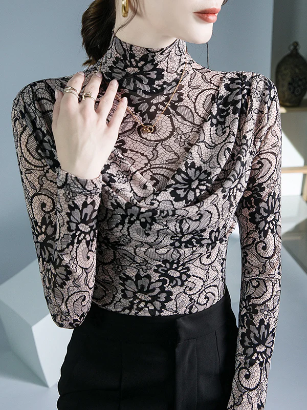 Long Sleeves Flower Print Pleated Mock Neck T-Shirts Tops - Image 4
