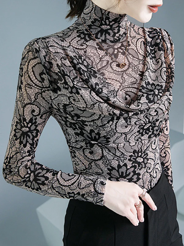 Long Sleeves Flower Print Pleated Mock Neck T-Shirts Tops - Image 5