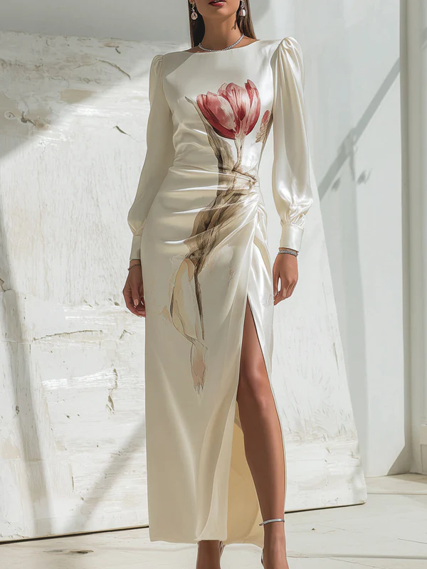 Long Sleeves Flower Print Pleated Split-Side Round-Neck Maxi Dresses
