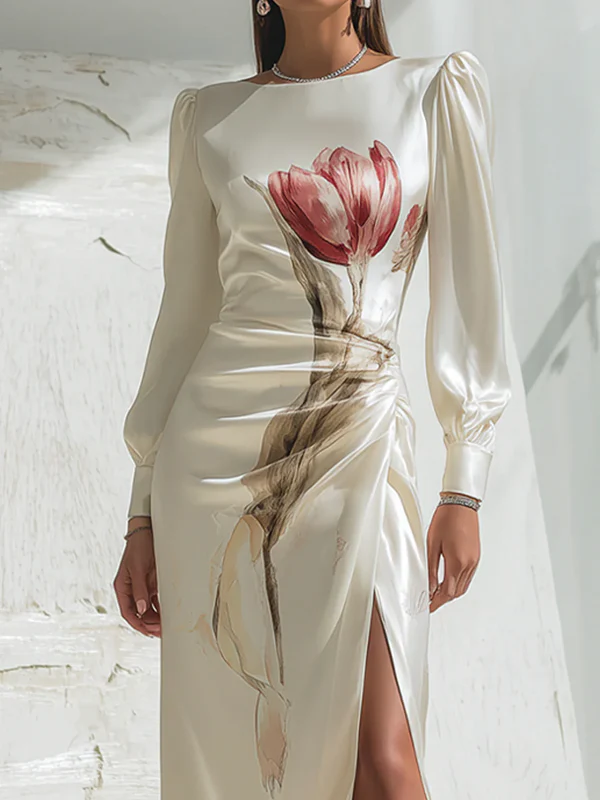 Long Sleeves Flower Print Pleated Split-Side Round-Neck Maxi Dresses - Image 2