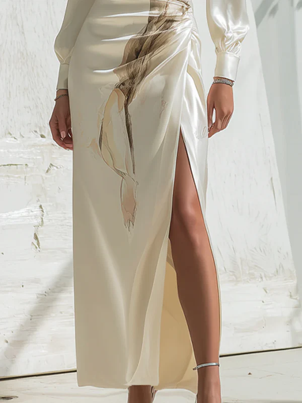 Long Sleeves Flower Print Pleated Split-Side Round-Neck Maxi Dresses - Image 3