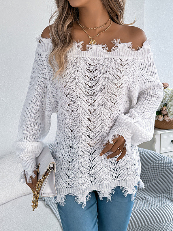 Long Sleeves Hollow Knitted Leaves Ribbed Knit See-Through Solid Color Off-The-Shoulder Sweater Tops - Image 10