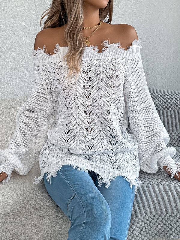 Long Sleeves Hollow Knitted Leaves Ribbed Knit See-Through Solid Color Off-The-Shoulder Sweater Tops - Image 12
