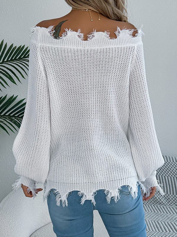Long Sleeves Hollow Knitted Leaves Ribbed Knit See-Through Solid Color Off-The-Shoulder Sweater Tops - Image 13
