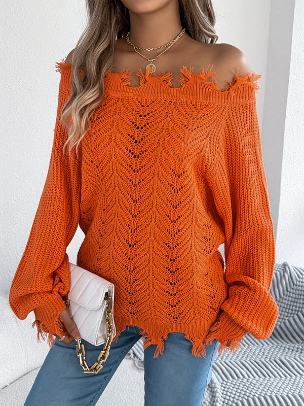 Long Sleeves Hollow Knitted Leaves Ribbed Knit See-Through Solid Color Off-The-Shoulder Sweater Tops - Image 14