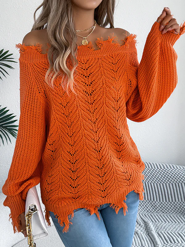 Long Sleeves Hollow Knitted Leaves Ribbed Knit See-Through Solid Color Off-The-Shoulder Sweater Tops - Image 15