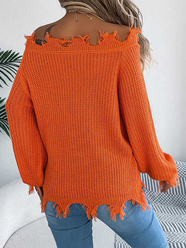Long Sleeves Hollow Knitted Leaves Ribbed Knit See-Through Solid Color Off-The-Shoulder Sweater Tops - Image 18